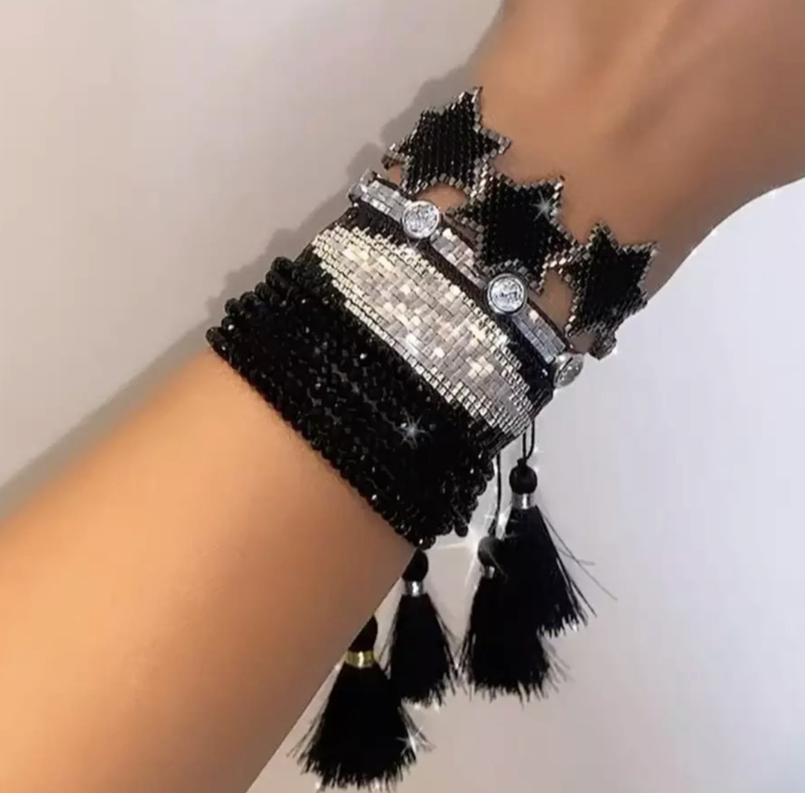 Sett med perlearmbånd Black Silver Star