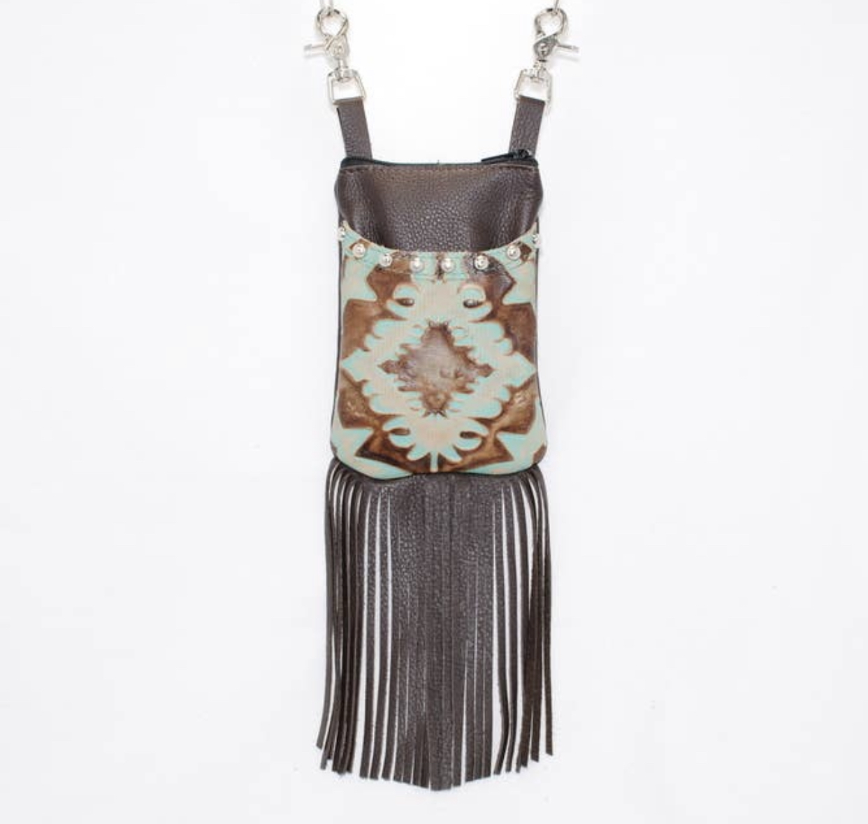 Hofteveske mobil i brunt med frynser