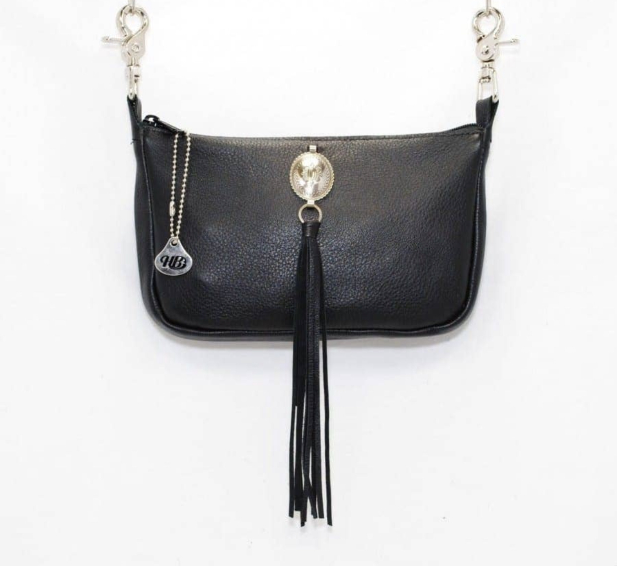 Klassisk hofteveske i svart med svart frynse