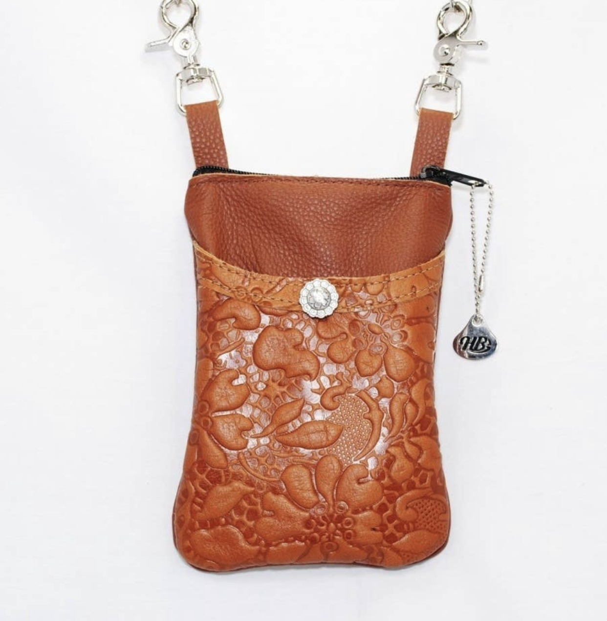 Hofteveske mobil preget skinn i cognacfarge